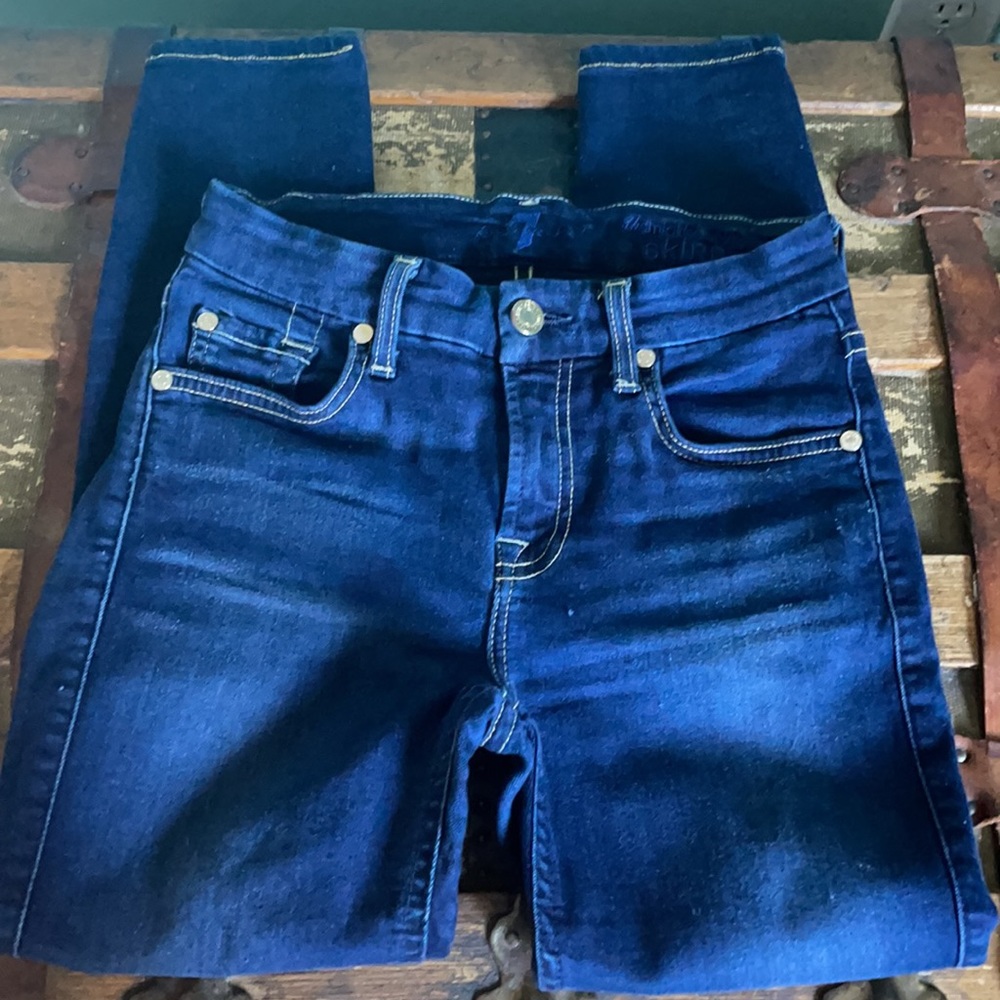 7 FOR ALL MANKIND MIDRISE SKINNY JEAN WOMENS HEMMED 24 DARK DENIM
